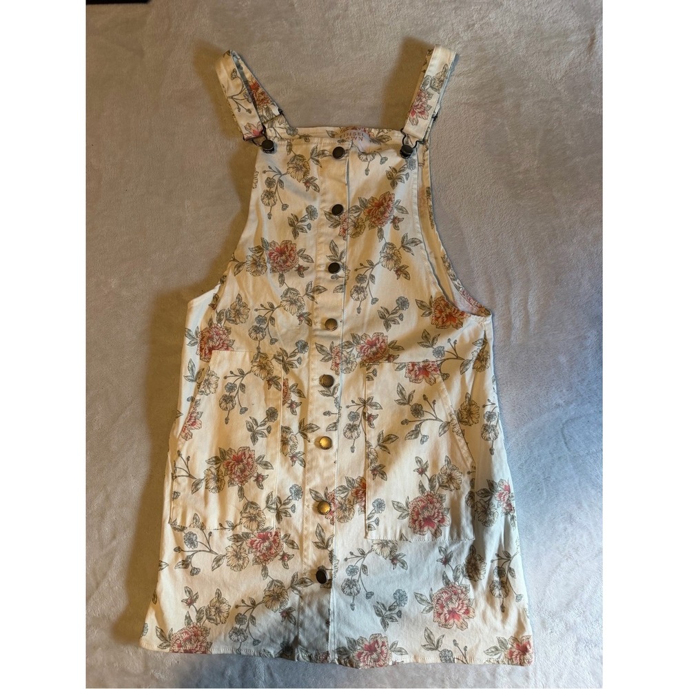 Tinseltown Pinafore Dress Kids Large Cream Like New Floral Button Front Pocket